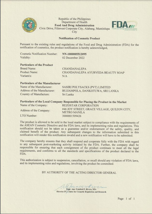 In adherence to ASEAN Cosmetic Directive & the FDA laws