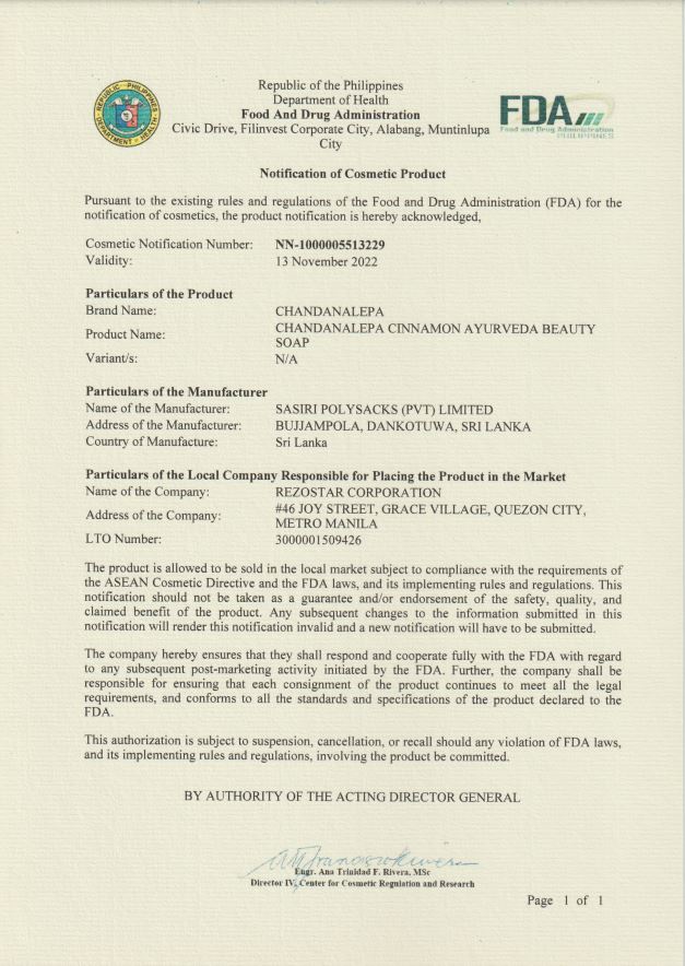 In adherence to ASEAN Cosmetic Directive & the FDA laws